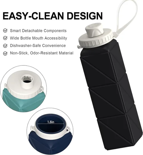 Miniatura 5 de BEAUTAIL Botellas de agua plegables de 20.6 onzas, botella de agua portátil plegable de silicona, ligera, reutilizable, a prueba de fugas