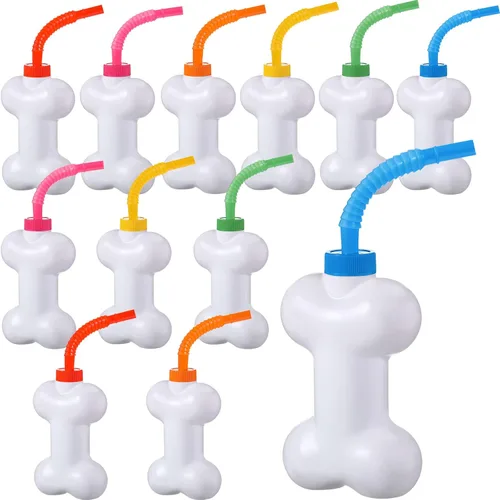 Miniatura 7 de Eaasty Juego de 24 tazas de hueso de perro con pajitas y tapas, de plástico de 10 onzas, reutilizables, con forma de hueso de perro, para niños