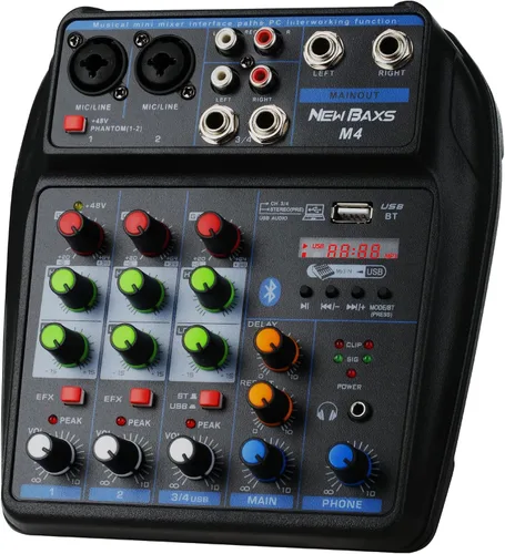 Mezclador de audio para DJ, mezcladores de DJ, tablero de sonido de 4 canales con Bluetooth, NEW BAXS Sound Mixer Board XLR/1/4 pulgadas, entrada de