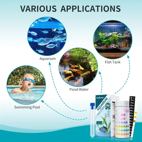 Miniatura 6 de Umlecoa Kit de prueba de acuario 7 en 1 para agua dulce y salada - 125 tiras de prueba de acuario con tubo de ensayo y termómetro - Tiras de prueba