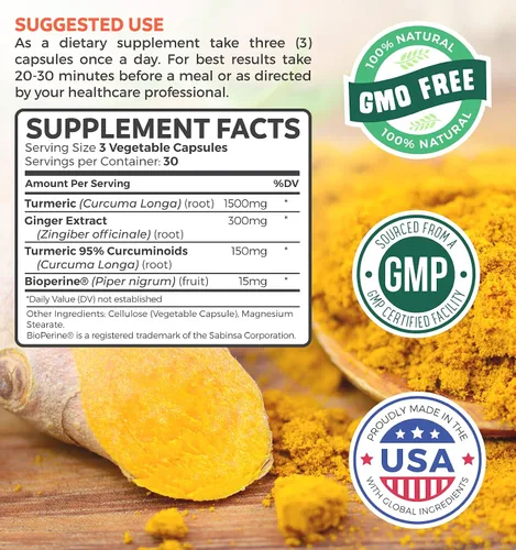 Miniatura 2 de Suplemento de cúrcuma y jengibre (sin OGM), porción de 1980 mg – Curcumina de cúrcuma con bioperina de pimienta negra, extracto de jengibre y 95%