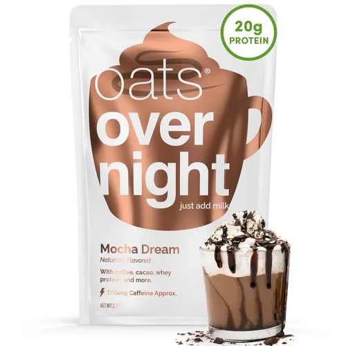 Oats Overnight - Mocha Dream - Batido de desayuno alto en proteínas, bajo en azúcar, sin gluten, alto en fibra, avena sin OMG (2.7 onzas por comida)