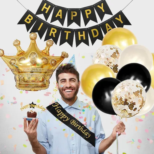 Miniatura 6 de Decoraciones de cumpleaños en negro y dorado para hombres y mujeres, decoraciones de fiesta en negro y dorado incluyen corona, remolinos colgantes