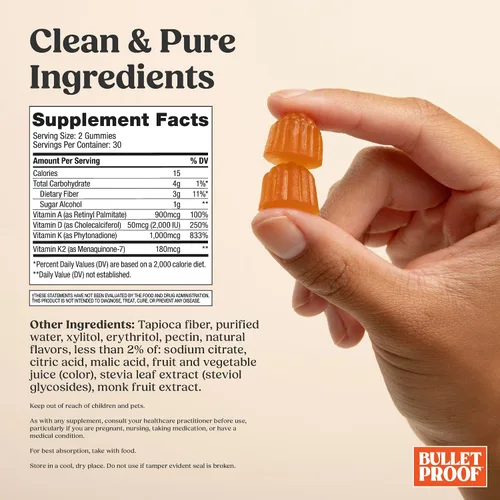 Miniatura 2 de Bulletproof Gomitas A+D+K de vitaminas de fresa y naranja sin azúcar, 60 unidades, suplemento keto para apoyo cardíaco, óseo e inmunológico, fórmula