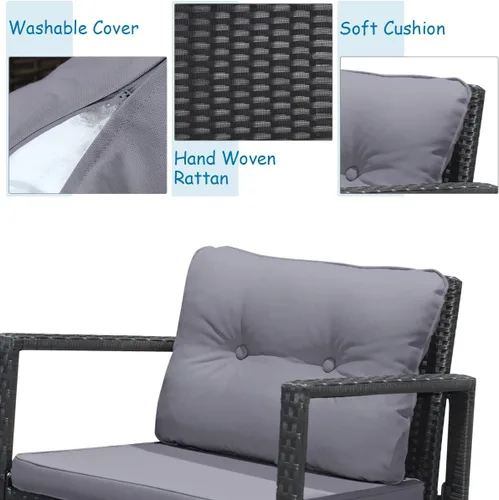 Miniatura 7 de Tangkula Juego de 3 piezas de muebles mecedoras de mimbre para patio, juego de muebles de mecedora para exteriores con asiento acolchado, juego