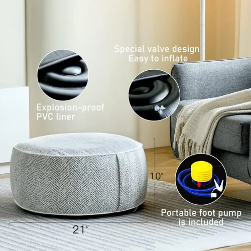 Miniatura 4 de Puf inflable otomano, 21 x 10 pulgadas, relleno otomano de chenilla con forro de PVC inflable, reposapiés con mango portátil, almohada redonda