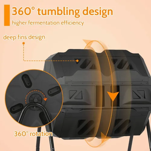 Miniatura 3 de Compostador de doble cámara para exteriores, cubo de compost de 43 galones, cubo de basura de compostaje de 360°, compostador sin BPA, giratorio