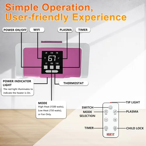 Miniatura 2 de HEATIT Calentador de espacio con control remoto para interiores, pantalla digital con termostato, que contiene plasma y ozono, temporizador de 1-12