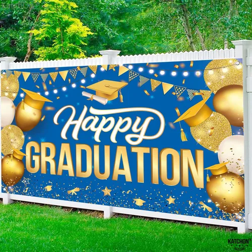 Miniatura 6 de Katchon, Cartel de feliz graduación dorado y azul – Xtralarge, 72 x 44 pulgadas Fondo de graduación 2026, decoraciones de graduación clase de 2026