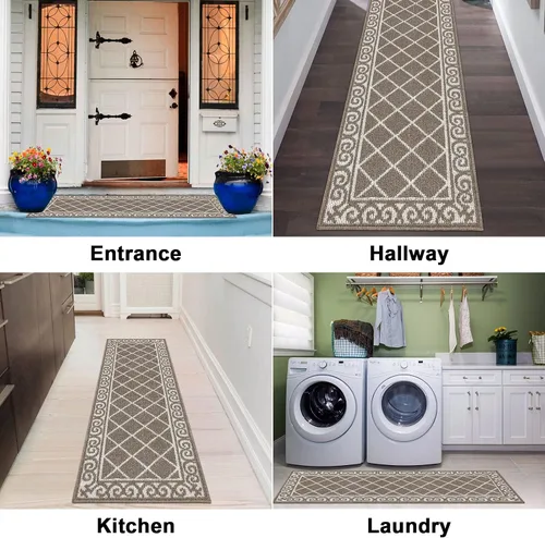 Miniatura 3 de HEBE Alfombra Pasillo Lavable 20"x59" Tapete Interior para Puerta Corredores, Alfombra Pasillo Antideslizante Atrapa Suciedad Tapetes de Piso Café