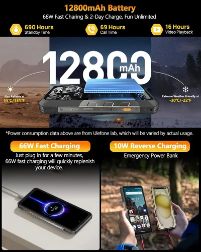 Miniatura 8 de Ulefone Armor 30 4G Android 15 Teléfono resistente, 24 GB+512 GB, pantalla FHD de 120 Hz de 6.95", luz LED versátil de 1236LM, cámara visión