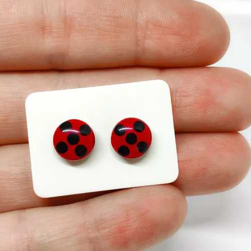 Miniatura 5 de Aretes de tachuelas, mariquita, manchas negras de 10 mm, aretes redondos para mujeres y niñas hechos a mano, entradas de acero inoxidable