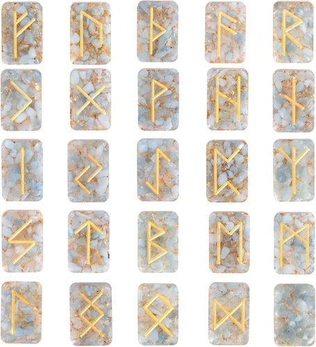 Miniatura 8 de mookaitedecor Juego de 25 piedras de runa de cristal de jaspe rojo, grabadas Golden Elder Futhark con símbolo del alfabeto, runas para adivinación