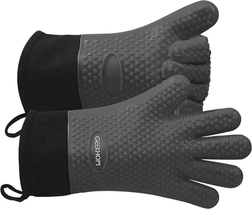 GEEKHOM Guantes de Barbacoa Resistentes al Calor Manoplas de Horno - Guantes de Silicona para Parrilla con Protección de Brazo de 13.7" - Agarrador