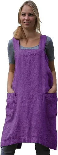 Miniatura 17 de Larmliss Delantal tipo pinafore cuadrado para mujer, para hornear, cocinar, jardinería, con espalda cruzada, mezcla de algodón/lino, con 2 bolsillos