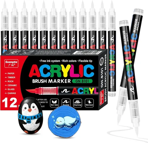 Miniatura 9 de Surcotto 12 marcadores de pintura acrílica negra, marcadores de pintura acrílica con punta de pincel suave, marcadores acrílicos impermeables