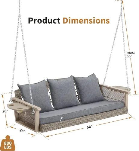 Miniatura 7 de HOMREST Columpio de mimbre para porche para 3 personas con portavasos mejorado, silla colgante de 56 pulgadas con cojines, columpio al aire libre