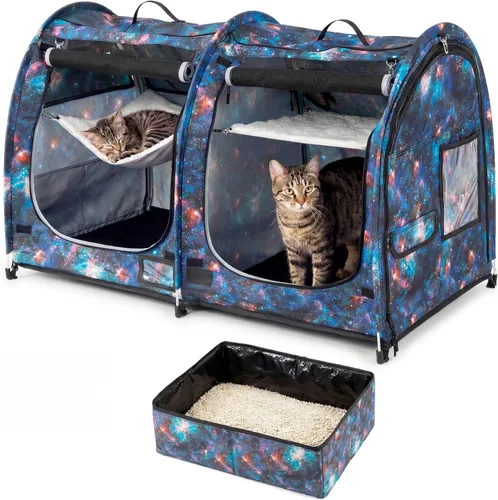 Miniatura 16 de Mispace - Jaula/Casa portátil para gatos con doble compartimento de exhibición, fácil de plegar y transportar, cómoda jaula de viaje para cachorros
