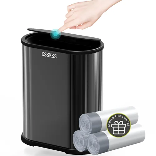 KSSKSS Cubo de basura pequeño de acero inoxidable de 1.8 galones con tapa tipo prensa, cubo de basura delgado para baño, cubo de revestimiento Negro