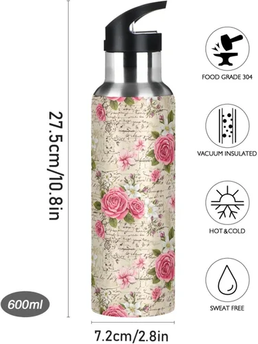 Miniatura 9 de Vintage Pink Flowers Stainless Steel Vacuum Insulated Water Bottle 32 Oz Leakproof Water Bottles, BPA-Free Sports Water Bottle with Straw