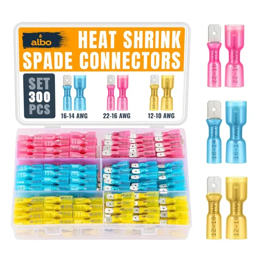 Kit de 300 conectores de pala termorretráctiles macho y hembra – Terminales eléctricos impermeables AWG 22-10, conectores de terminales de cable