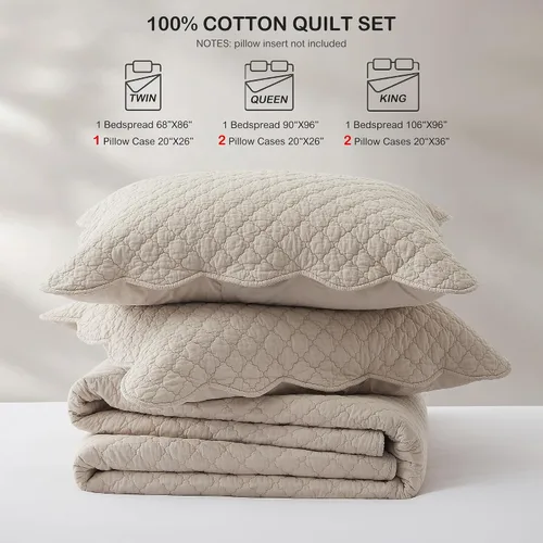 Miniatura 7 de HORIMOTE HOME Colcha de algodón 100% tamaño individual, color beige, suave y ligero, juego de ropa de cama de 2 piezas con borde festoneado