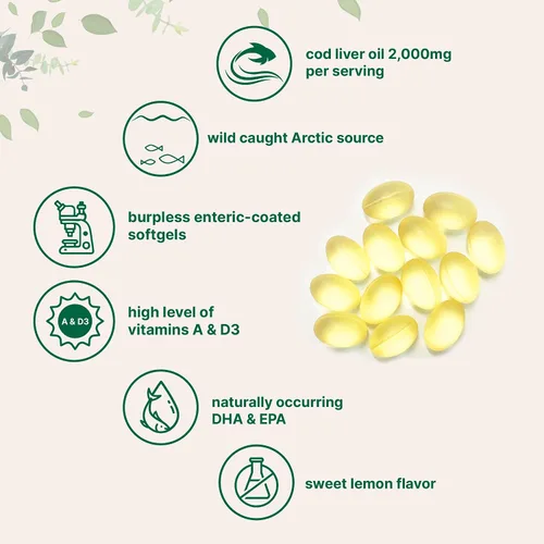 Miniatura 7 de Suplementos de aceite de pescado Omega 3 de triple fuerza, 4200 mg por porción y aceite de hígado de bacalao, 2,000 mg por porción, 360 cápsulas