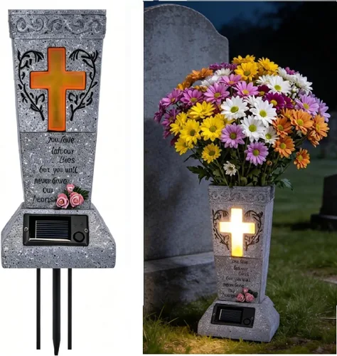 Miniatura 9 de HUYIENO Jarrón solar de cementerio con LED para flores frescas/artificiales, florero de cruz de flores de tumba, jarrones con pinchos, decoración
