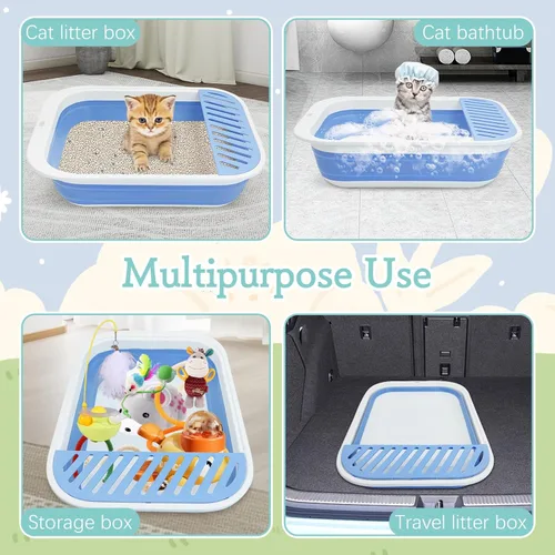 Miniatura 6 de Fhiny Caja de Arena para Gatos Portátil Caja de Arena Poco Profunda 17.7"x13.4"x4.9" Inodoro Plegable para Gatos con Pala Bandeja Abierta