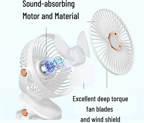 Miniatura 7 de Ventilador de escritorio con clip con luces, recargable por USB, 2400 mAh, 5 niveles de velocidad de flujo de aire, ventilador personal portátil