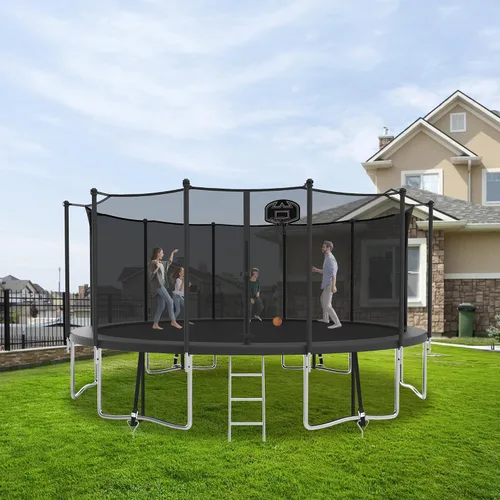 Miniatura 7 de Trampolín de 1500 libras de 8, 10, 12, 14, 15, 16 pies para adultos/niños con red de seguridad, aro de baloncesto, pelota, estacas y escalera