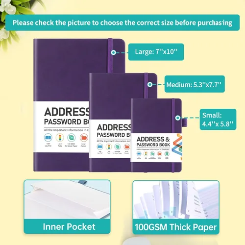 Miniatura 2 de Libreta de direcciones, libro de direcciones y contraseñas con pestañas alfabéticas, organizador de direcciones de tapa dura con bolsillo, páginas