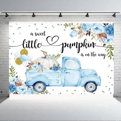 Miniatura 3 de Telón de fondo de baby shower de calabaza pequeña de 6 x 4 pies, con texto en inglés "A Little Sweet Pumpkin is On The Way", globos florales azules