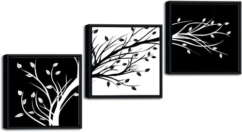 Wieco Art - Hojas enmarcadas modernas de 3 paneles, arte de flores en lienzo, impresiones en negro y blanco, árboles florales abstractos, pinturas