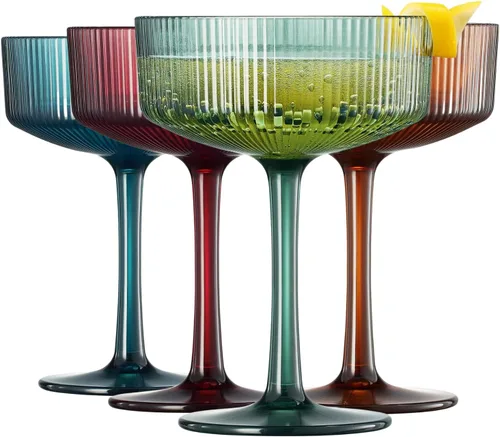 Miniatura 18 de Khen Juego de 4 vasos de cóctel vintage Art Deco inastillables de 8 onzas de acrílico transparente acanalado ondulado estilo europeo, copas