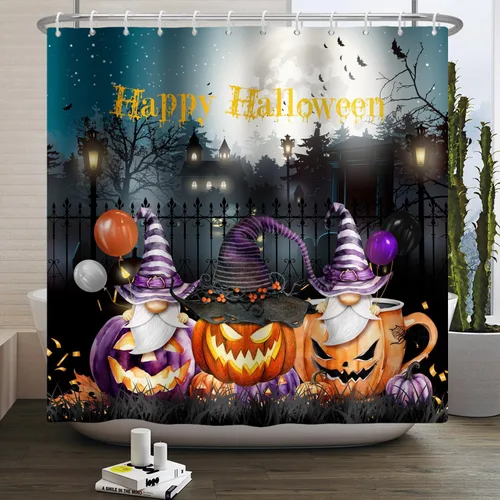 Miniatura 6 de Cortina de ducha de Halloween, calabazas aterradoras, cortinas de ducha para baño, noche de luna espeluznante, cortina de baño, casa cazada