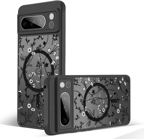 Miniatura 26 de Funda magnética para Google Pixel 10A [Compatible con MagSafe] Funda con patrón floral de flores negras para mujeres y niñas, con borde de TPU Rama