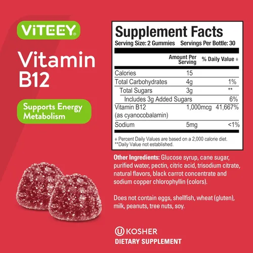 Miniatura 4 de Viteey Gomitas de vitamina B12 – Gomitas de apoyo cognitivo y energía – Veganas, sin gelatina, sin gluten – 60 unidades 60 unidades (paquete de 1)