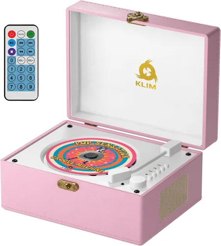 KLIM Reproductor de CD retro – Reproductor de CD de estilo vintage con altavoces, receptor Bluetooth, AUX, USB, batería recargable, aspecto mini