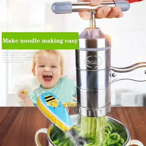 Miniatura 4 de Máquina de fideos manuales de acero inoxidable, máquina de prensa portátil para hacer pasta, herramientas de fabricación de espaguetis con 5 moldes