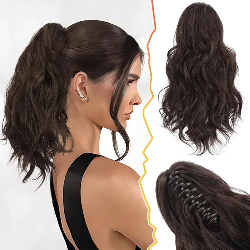 Miniatura 10 de BARSDAR Extensiones de cola de caballo con clip de garra, extensiones de cabello corto ondulado negro de 14 pulgadas para mujer, extensiones