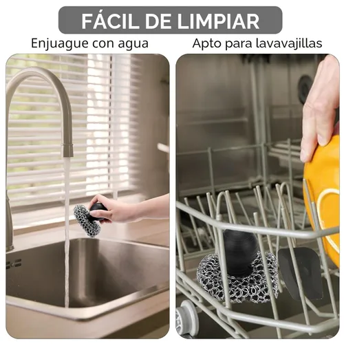 Miniatura 6 de Esponja de limpieza de hierro fundido con raspador de sartenes, esponja de cadena 316, esponja de malla de cadena mejorada, limpiador de hierro Negro