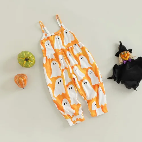 Miniatura 3 de Emmababy Enterizo de Halloween para niños y niñas pequeñas, con estampado de calabaza, fantasmacaricatura, gato, calabaza, sin mangas, 1-6T, overol