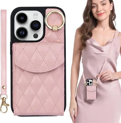 Funda para iPhone 15 Pro de 6.1 pulgadas, cartera cruzada con bloqueo RFID, 4 ranuras para tarjetas, soporte de anillo de 360°, funda protectora