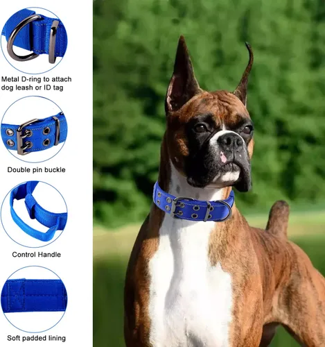 Miniatura 3 de Collar reflectante para perro táctico resistente con mango de control y hebilla de metal para entrenamiento de perros (M, azul)