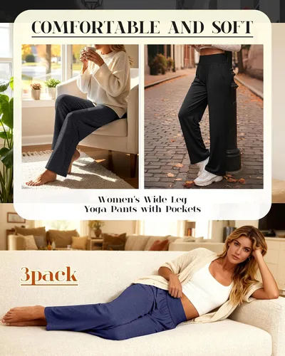 Miniatura 64 de Neer - Conjunto de 3 pantalones de yoga de pierna ancha para mujer - Pantalones deportivos cómodos, holgados, de cintura alta y casuales