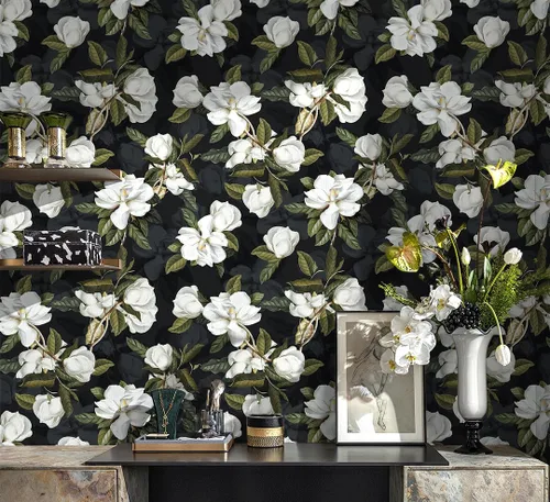 Miniatura 5 de HAOKHOME Papel tapiz floral Gardenia removible de vinilo negro/blanco/verde, autoadhesivo de 17.7 pulgadas x 32.8 pies Negro/Blanco/Verde/Gris