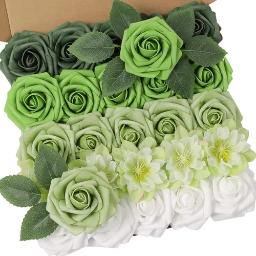 YYHUAWU Caja Combo de Flores Artificiales Color Verde Bosque Rosas Falsas de Espuma con Tallos para Ramos de Boda DIY Centros de Mesa Baby Shower