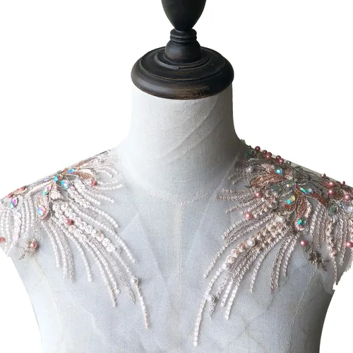 Par de espejos con cuentas de encaje floral, diamantes de imitación coloridos, adorno de joyería, parche bordado en el hombro para disfraces de