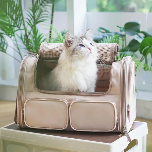 Miniatura 8 de Transportador FUKUMARU para gatos, transportador para perros pequeños con 4 ventanas de malla, bolsa de viaje para gatos con 4 bolsillos de Rosa